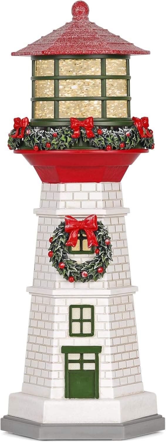 13.6&#x22; Christmas Lighthouse Snow Globe, Musical Lighted Glitter Christmas Snow Globes, Christmas Decorations USB and Battery Operated Lantern with Music, Christmas Decor for Home,Red Roof