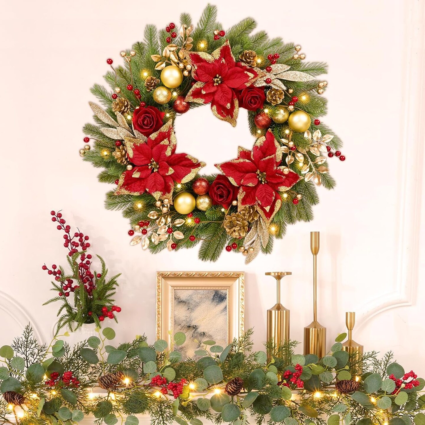 Christmas Wreaths for Front Door,22In Christmas Wreaths Decorations with Lights,Christmas Balls, Pine Cones, Golden Twigs, Pine Needles for Door Window Outdoor Home Decoration