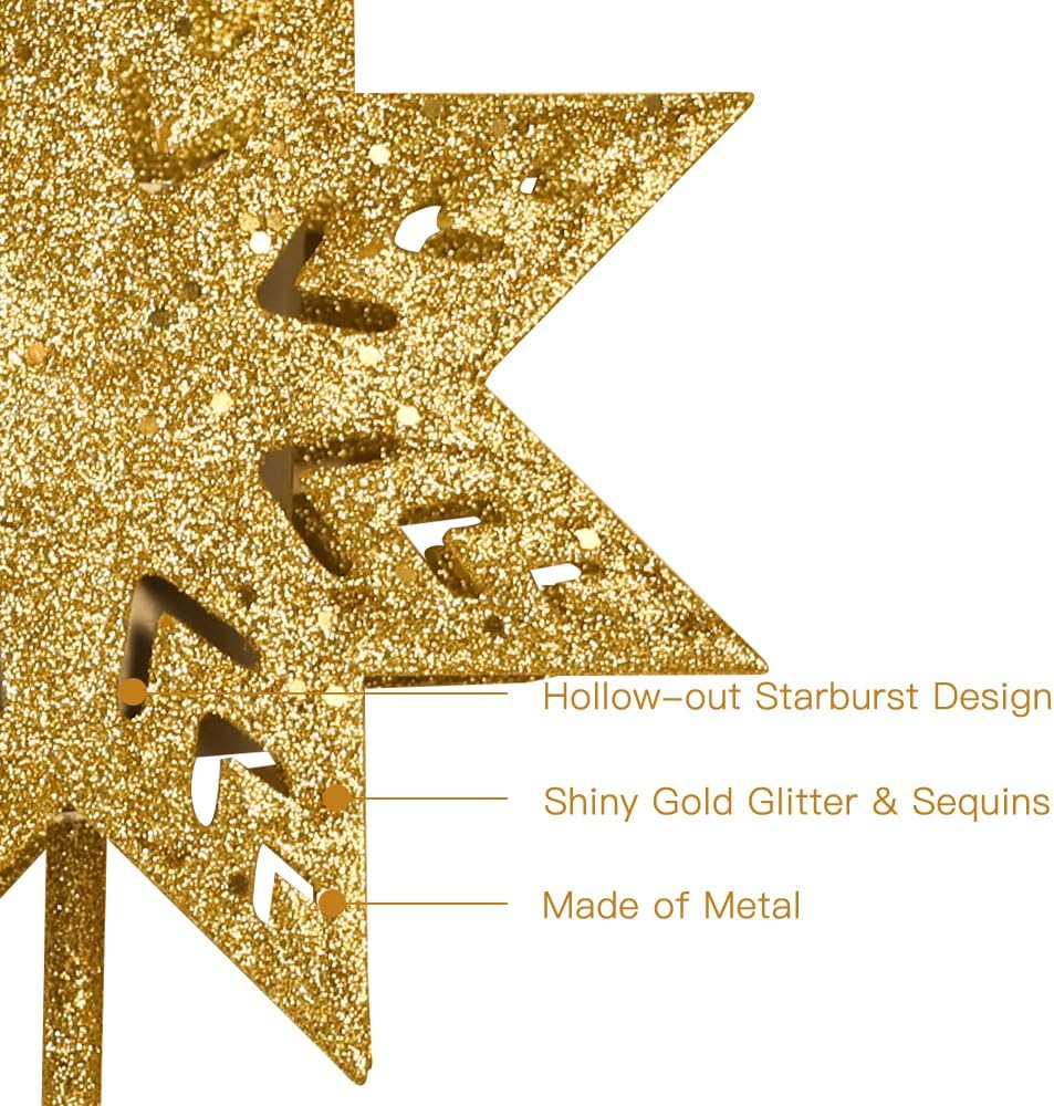 Christmas Tree Topper, 8" Gold Christmas Tree Star with Projector Lights, 8-Pointed Lighted Star Tree Topper, White Snowflake Projection Tree Toppers Christmas Decorations for Xmas Tree