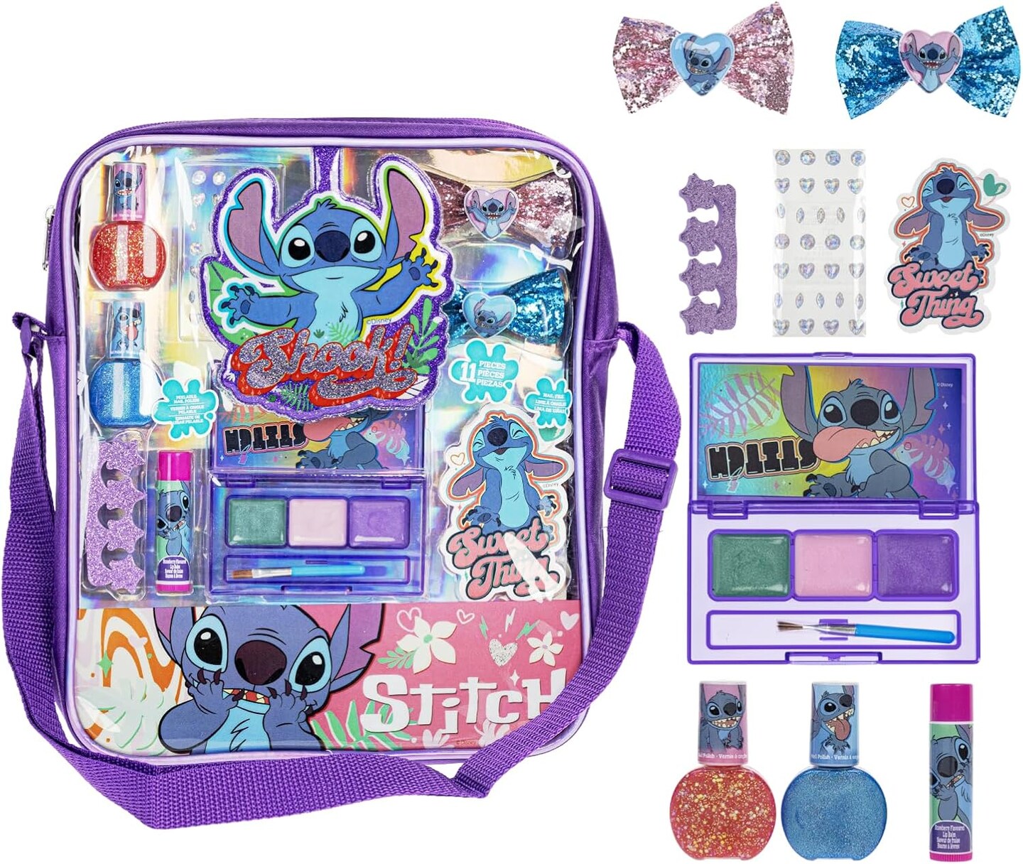 Stitch Makeup Filled Shoulder Bag Includes Lip Gloss, Nail Polish, Hair Bow & More! for Girls, Ideal for Ages 3 and Up Perfect for Parties & Makeovers, by Townley Girl