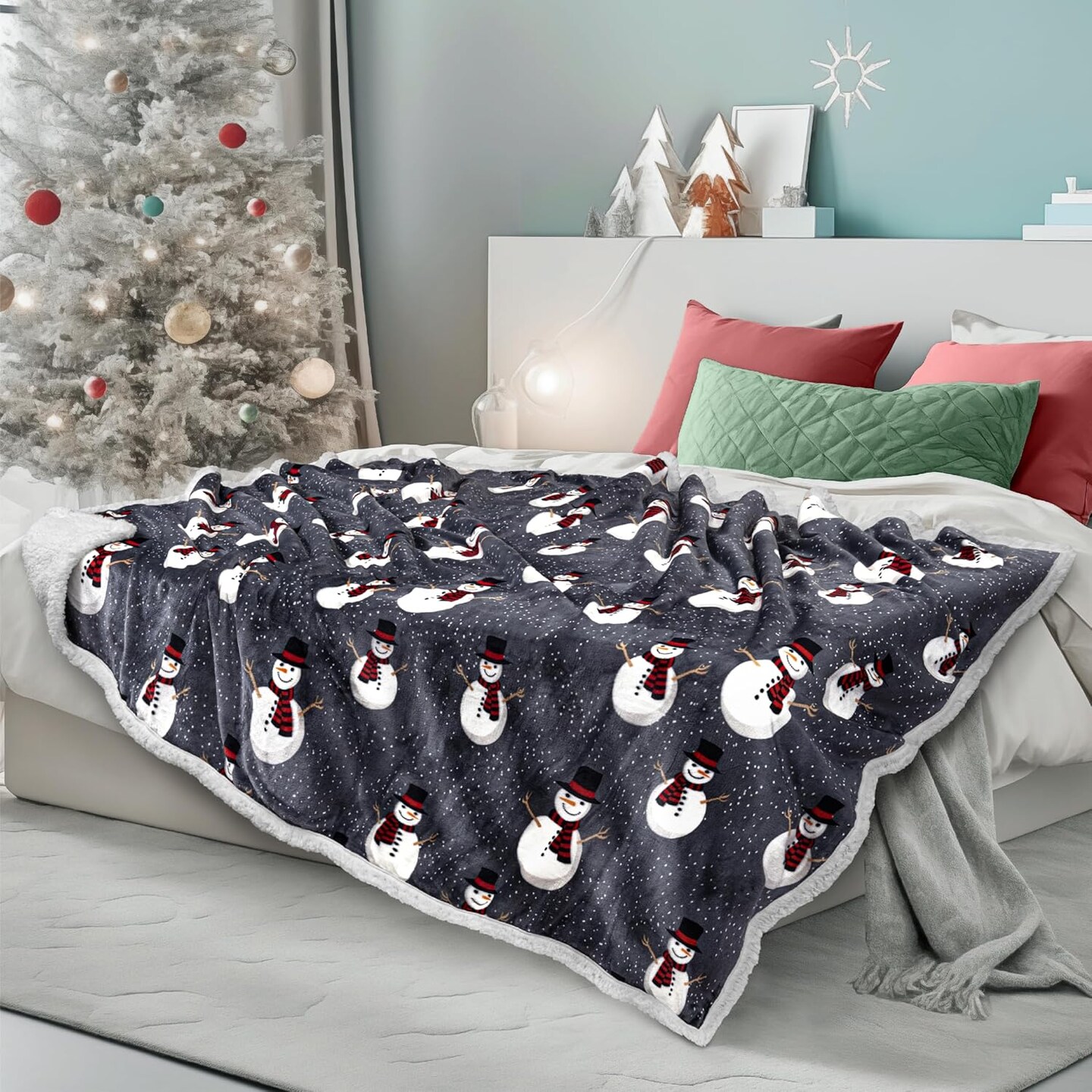 Premium Christmas Sherpa Throw Blanket | Snowman Decoration, Fleece, Plush, Warm, Cozy Reversible Microfiber Holiday Blanket 50 x 60