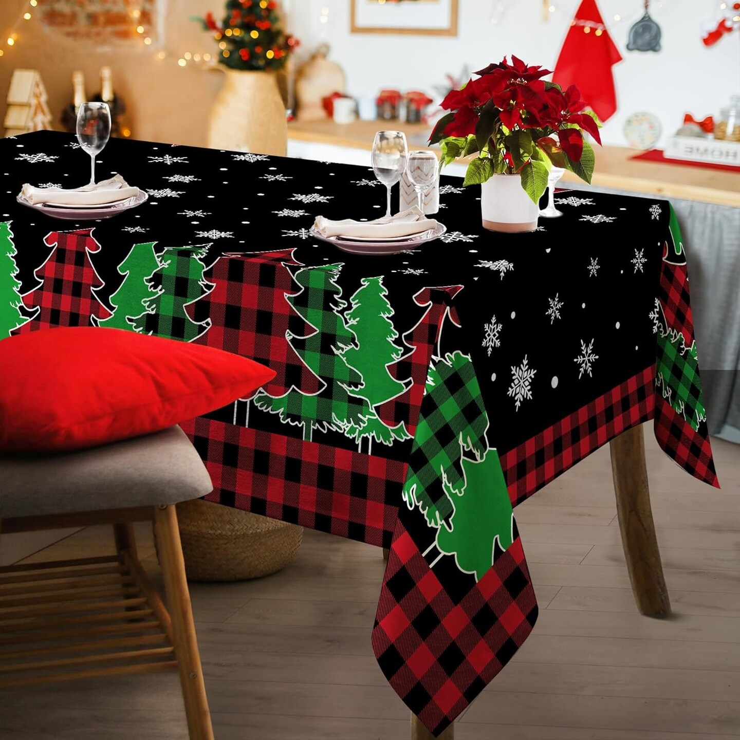 Christmas Tablecloth, Christmas Trees Table Cloth Rectangle 60x84 inch, Black Buffalo Plaid Oblong Winter Xmas and Snowflake Kitchen Christmas Table Decorations for Home, Dinner, Party