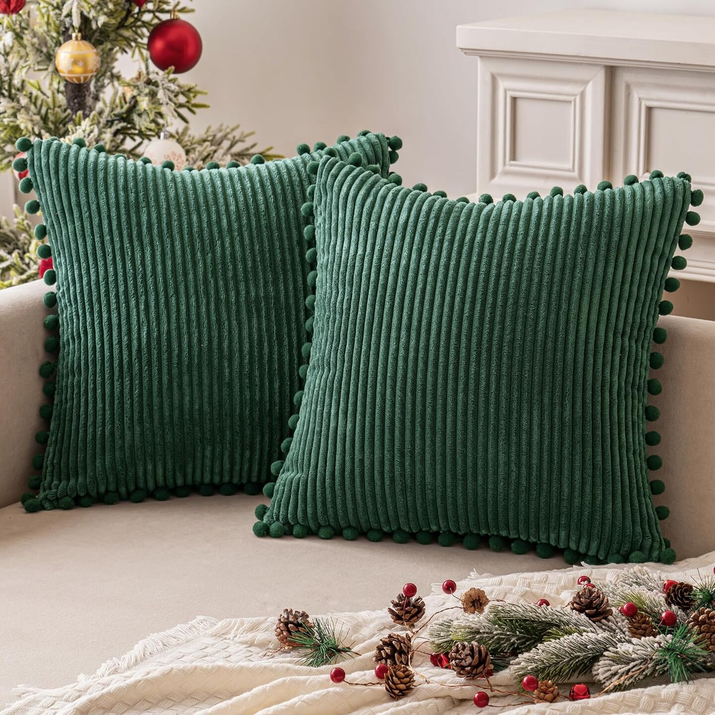 Christmas Boho Decorative Throw Pillow Covers with Pom-poms, Soft Corduroy Square Solid Cushion Cases for Couch Sofa Bedroom, 18x18 inch Dark Green