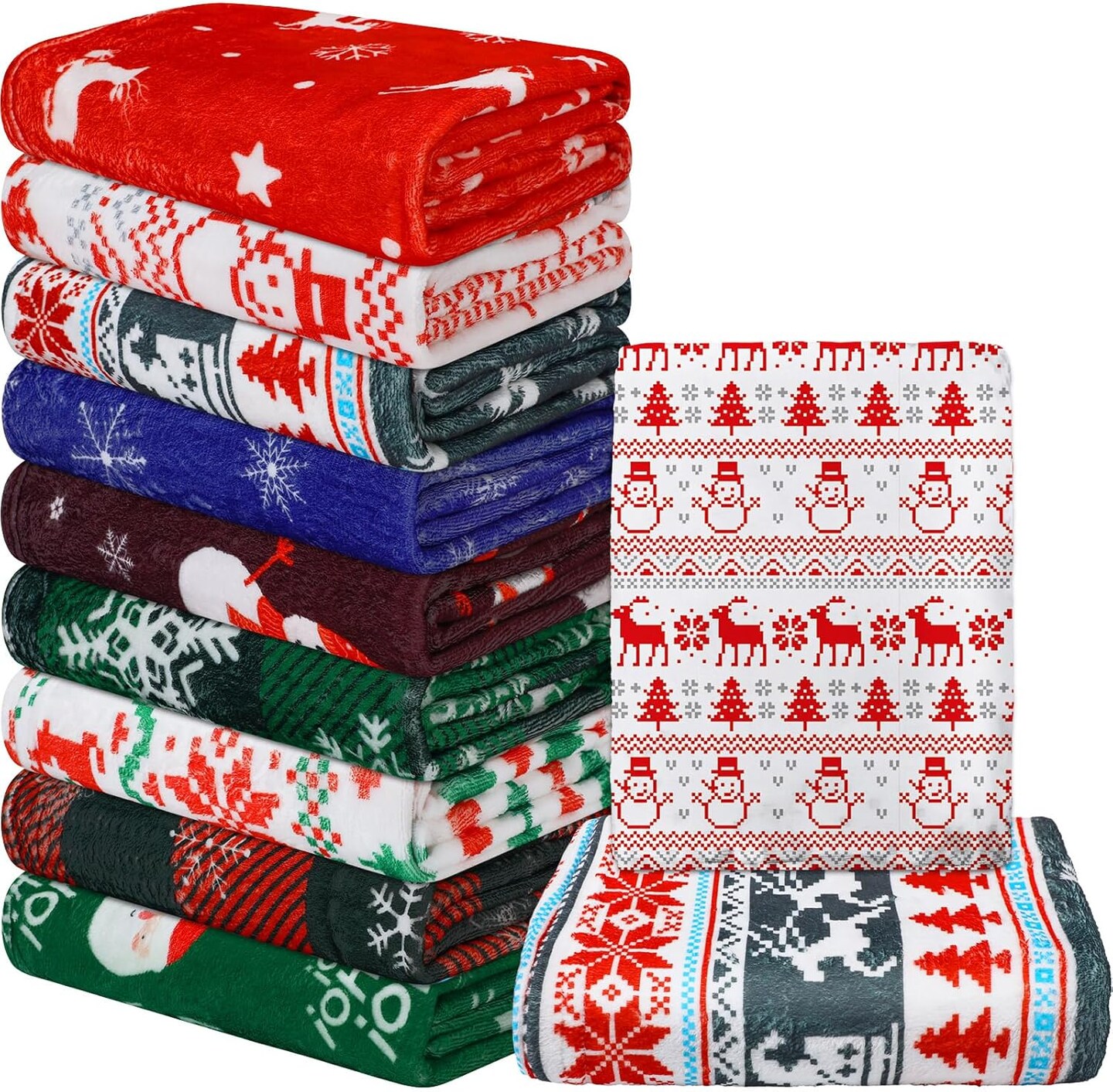 9 Pcs Christmas Throw Blankets Bulk Soft Christmas Fleece Blanket Reindeer Santa Snowman Snowflake Plaid Holiday Printed Xmas Flannel Blanket for Warm Winter Bedding, Couch and Gift 50" x 60"