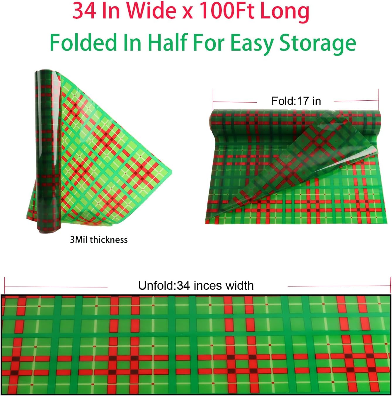 Christmas Cellophane Wrap Roll (34" x 100’Ft) 3 Mil Thicken Long Film Gift Wrappings for Baskets, Box,Wine, Christmas Decor