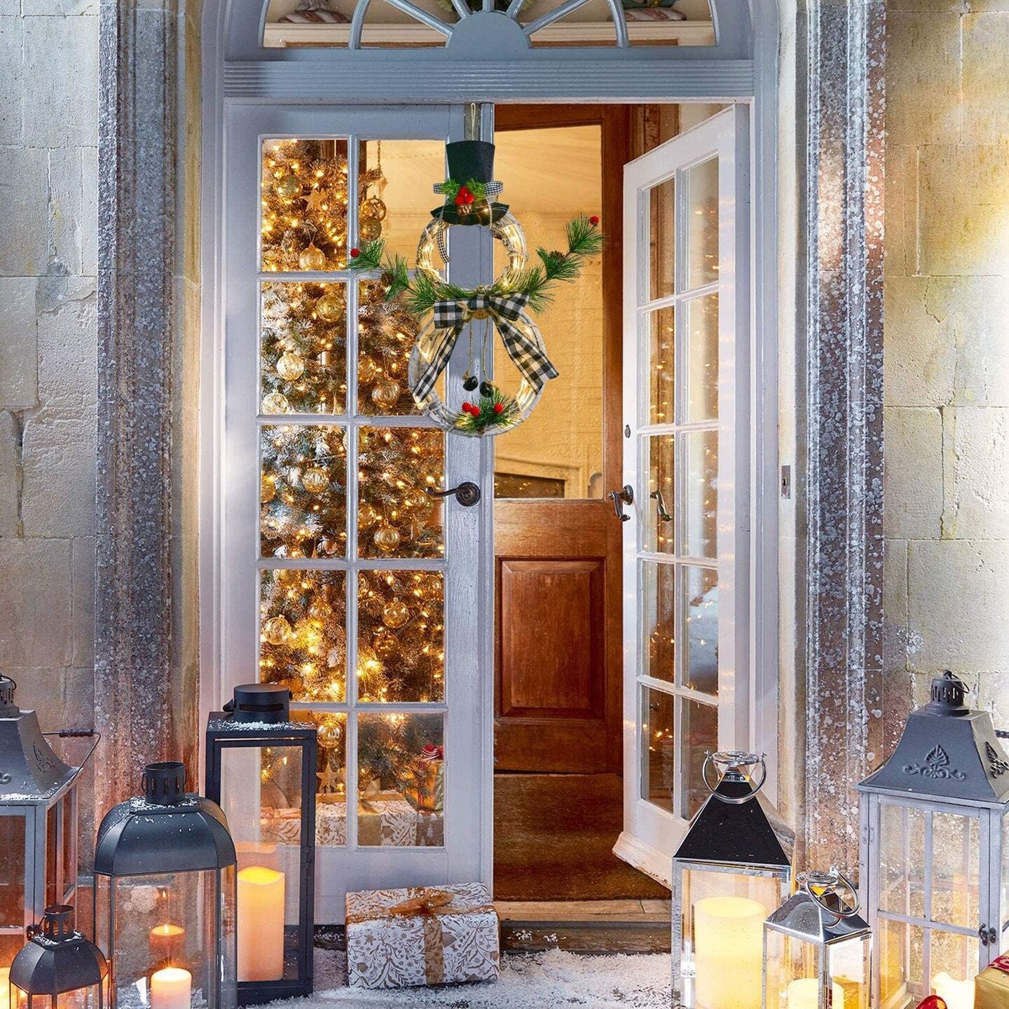 Lighted Christmas Wreath Decoration, 16 x 8 Inch Grapevine Wreath with Hat and Bow Snowman Shape Wreath for Front Door Home Garden Wall Decor