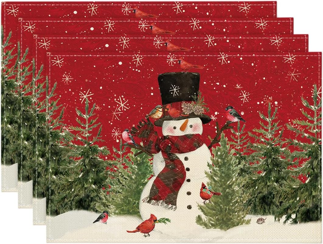 Snowman Cardinals Trees Christmas Placemats for Dining Table, 12 x 18 Inch Seasonal Winter Birds Xmas Holiday Rustic Vintage Thanksgiving Washable Table Mats Set of 4
