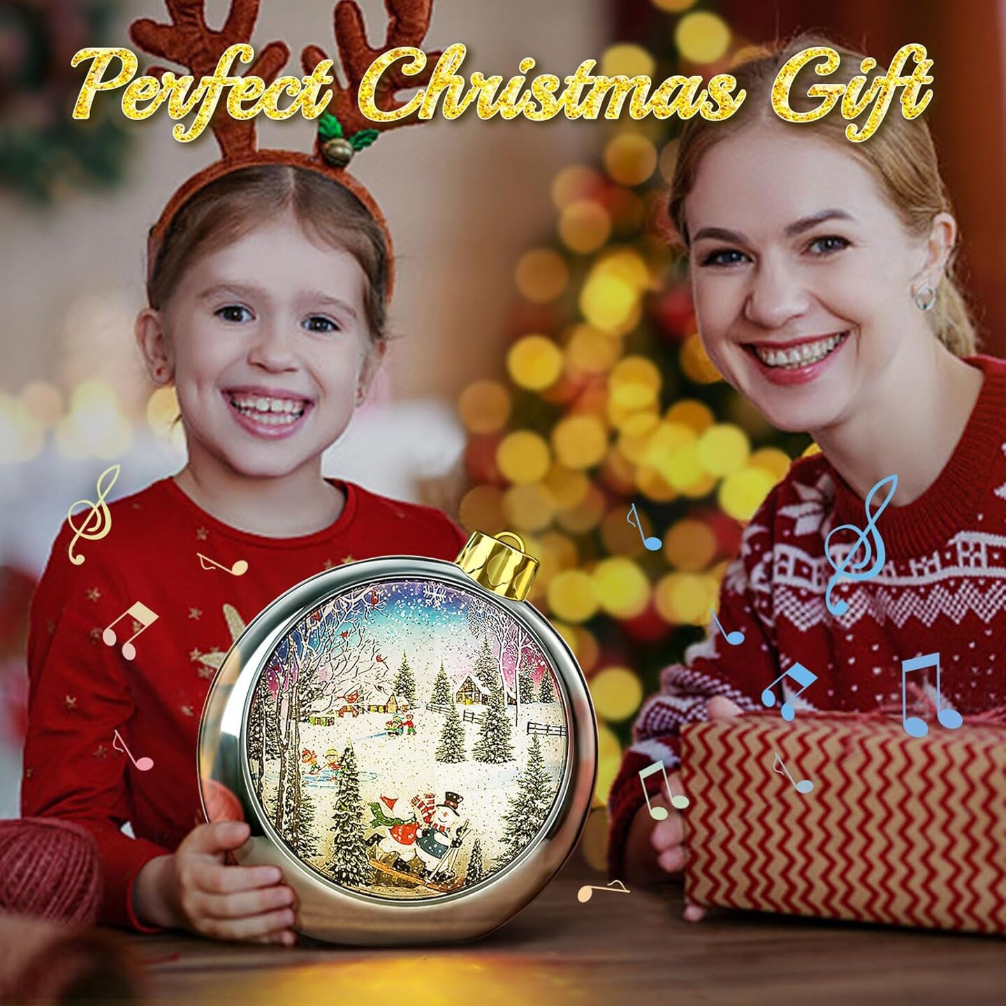 Big Christmas Snow Globes Lighted,6H Timer Snow Globes Bling Snow Globes Christmas Music Box 8 Songs, Silver Round Lantern with Xmas Tree