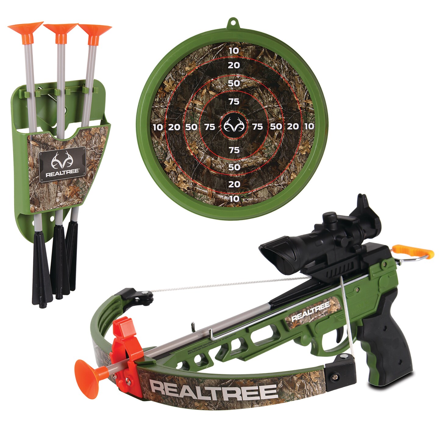 RealTree: Toy Pistol Crossbow Set - 14&#x22; - Green-Camo - 3 Suction-Tipped Arrows, Target, LED Scope, Ergonomic Grip, Shoots Up to 40&#x27;, Archery, Kids 8+