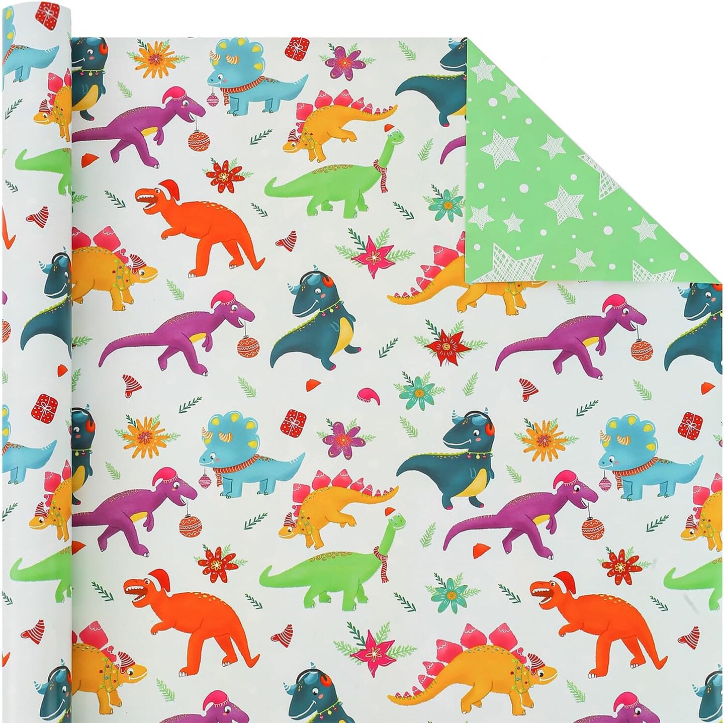 Dinosaur Christmas Wrapping Paper Roll for Kids Baby - Cute Dinosaurs with Xmas Decoration and Stars Design - Reversible Holiday Gift Wrap Paper, 17.7 Inch