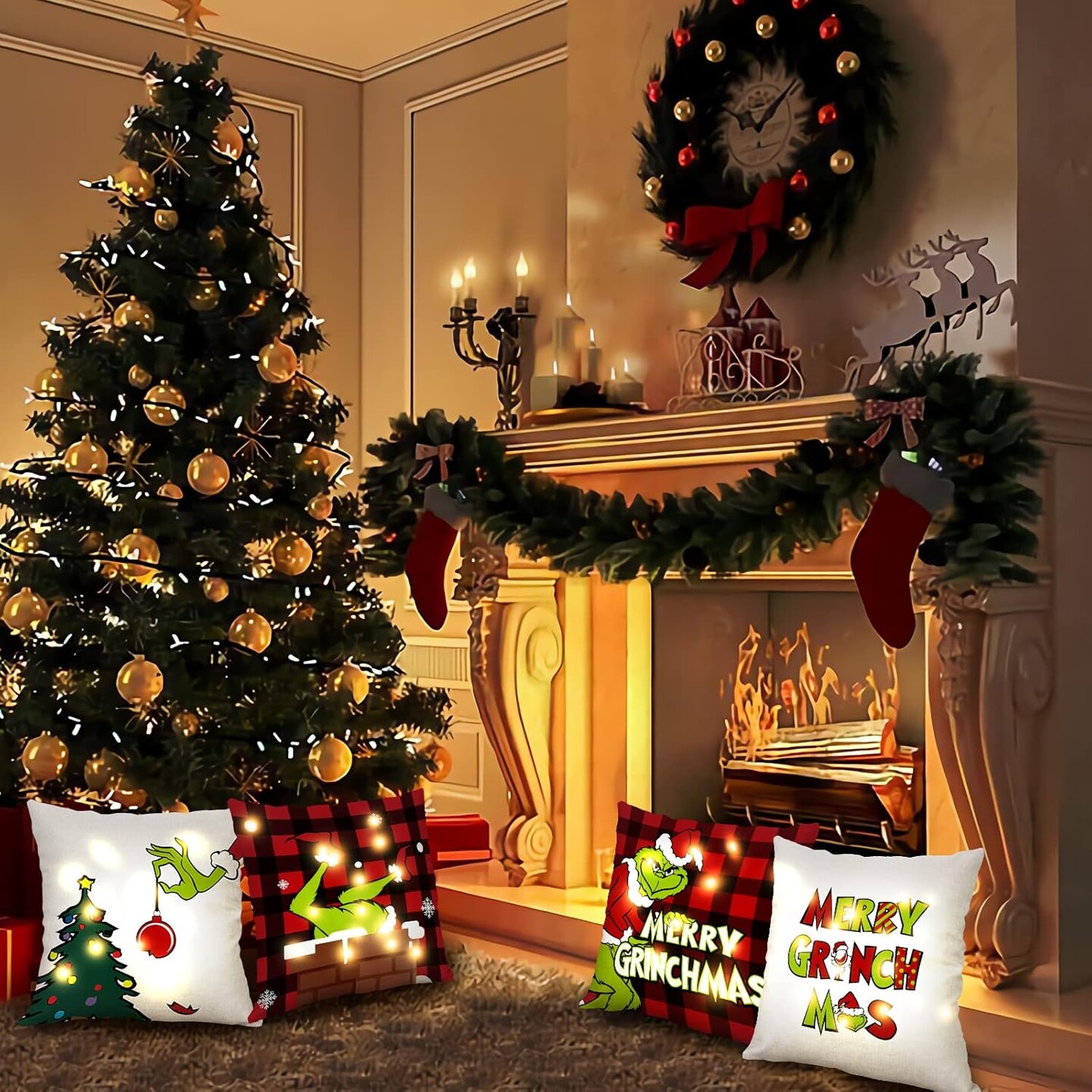 Christmas Pillow Covers with LED Lights 18x18 Inch Set of 4 for Christmas Decor, Light Up Buffalo Plaid Christmas Pillows, Merry Christmas Throw Pillow Covers Farmhouse Decor Cushion Cases