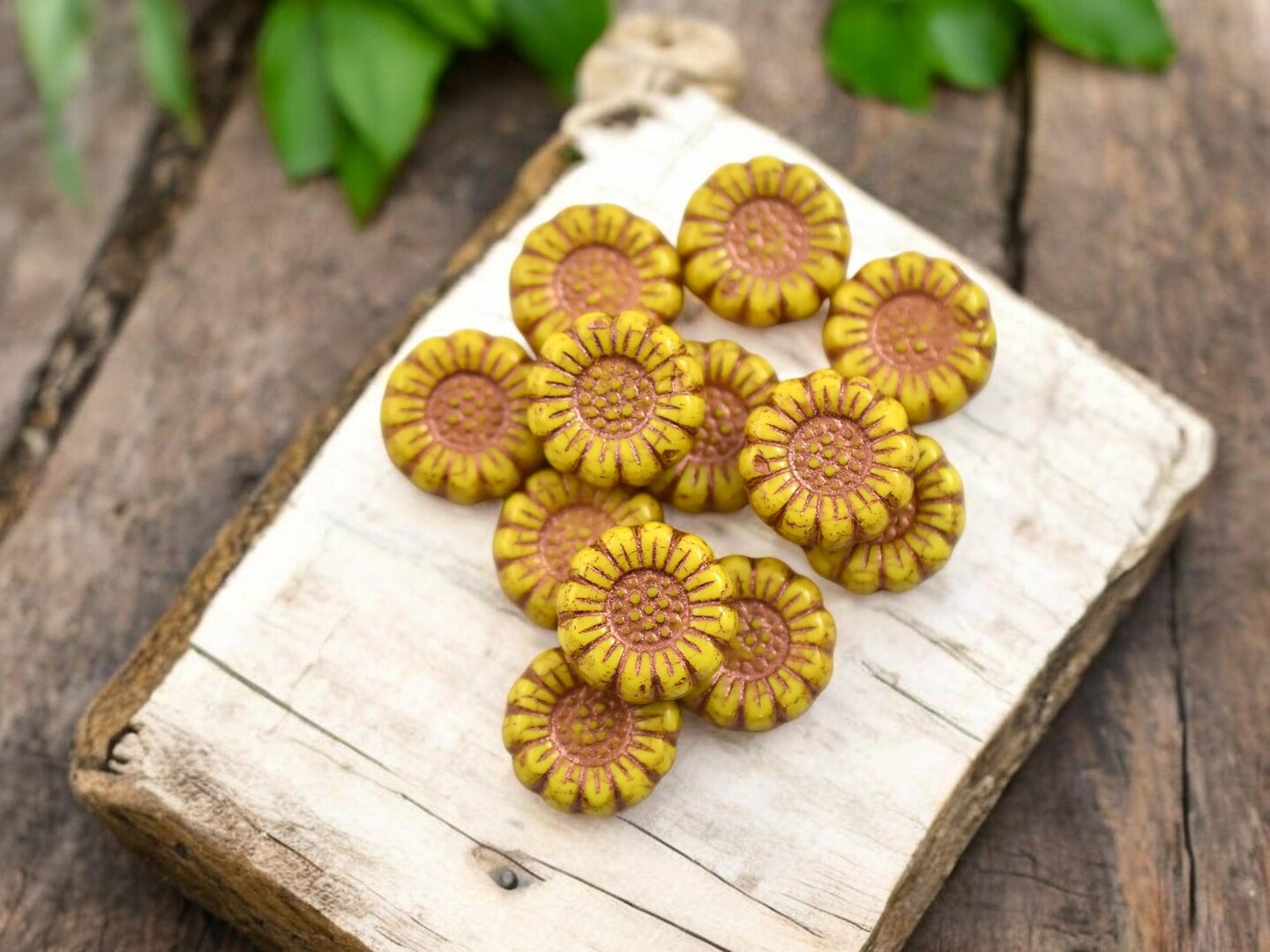 *12* 13mm Copper Washed Opaque Yellow Sunflower Coin Beads