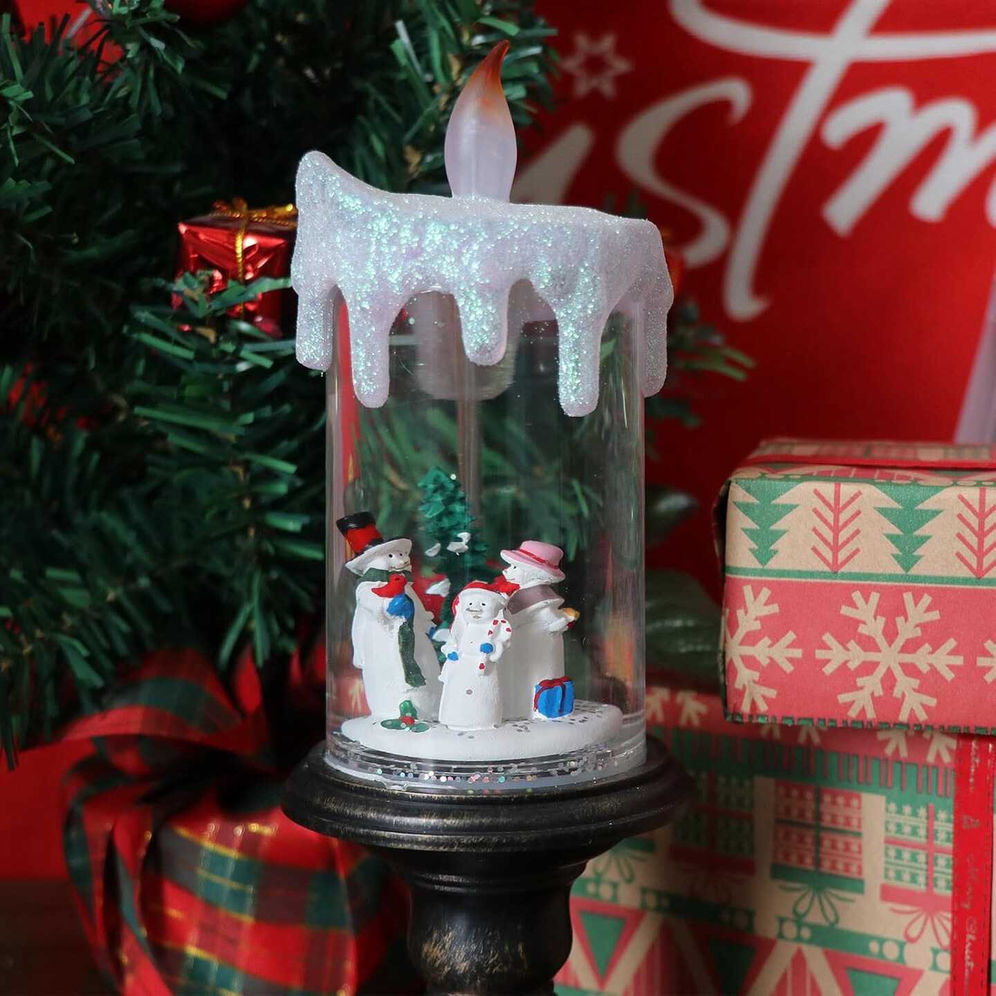 Christmas Snow Globe Candle Battery Operated Lighted Flameless Candles Light Swirling Water Glittering Spinning Candles for Home Decoration(Snowmen Family)