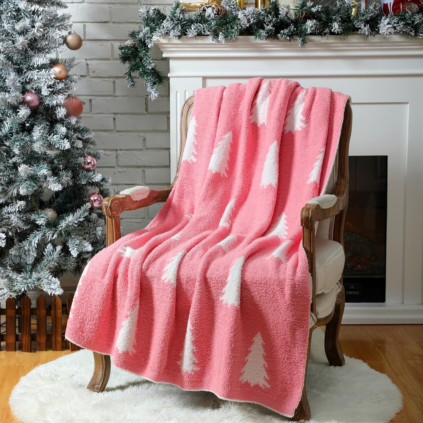 Christmas Knit Throw Blanket, 50 x 60 inch Reversible Knitted Christmas Blankets and Throws, Cozy Soft Lightweight Xmas Blankets, Winter Pink Throw Gift for Couch Sofa Bed (Christmas Tree)
