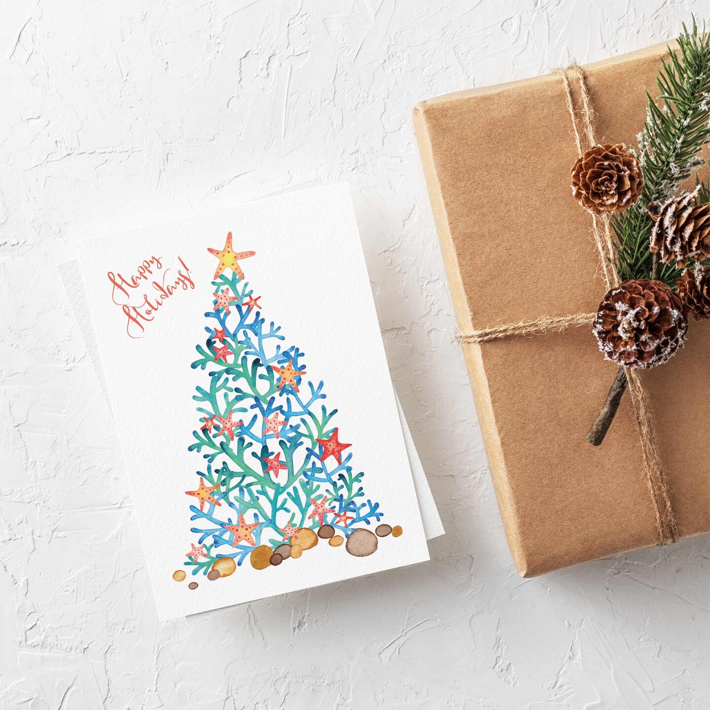Ocean Christmas Cards - 24-Pack Holiday Greeting Cards with Tropical Beach Tree Design Featuring Starfish, Shells, and Coral Reef, Perfect for Sharing Merry Christmas & Holiday Wishes, Blank Inside for Personalized Messages - Coastal Stationery Set