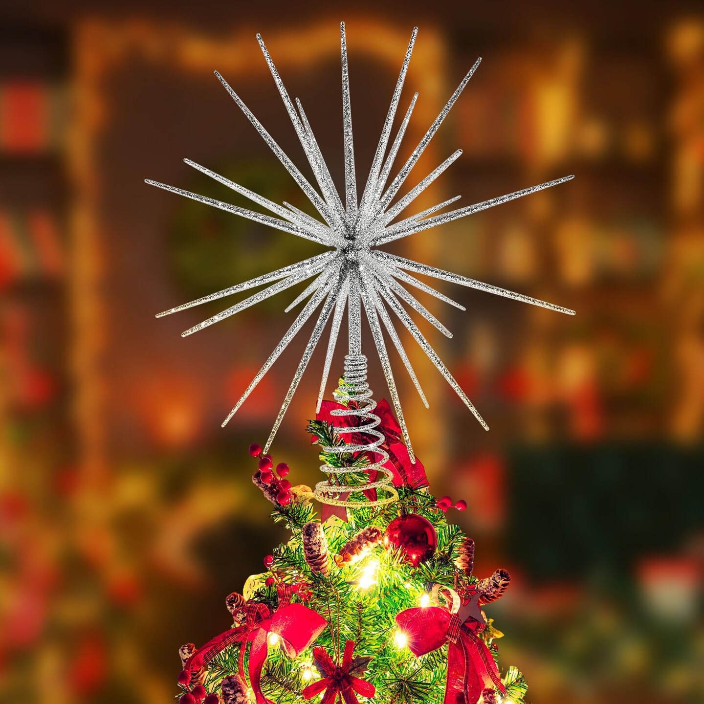 Burst Silver Tree Topper, Exploding Star Christmas Tree Decorations