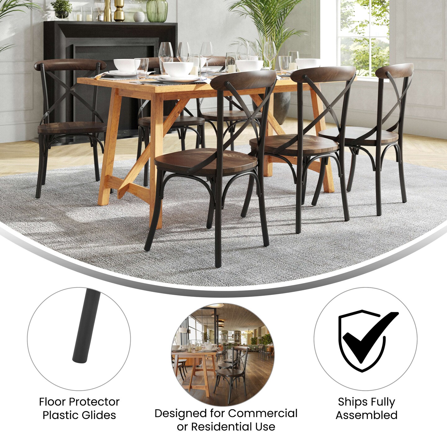 Merrick Lane Tucker Series Industrial Style Black Metal X-Back Dining Chair with Fruitwood Finished Seat and Back