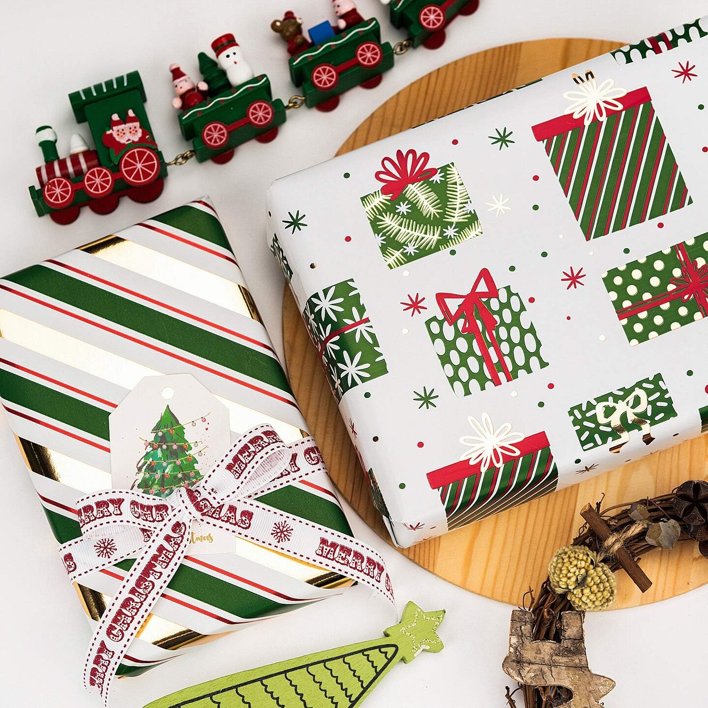 Green Christmas Wrapping Paper Roll - Green Holiday Set with Metallic Foil Shine - 4 Rolls - 30 Inch X 120 Inch Per Roll