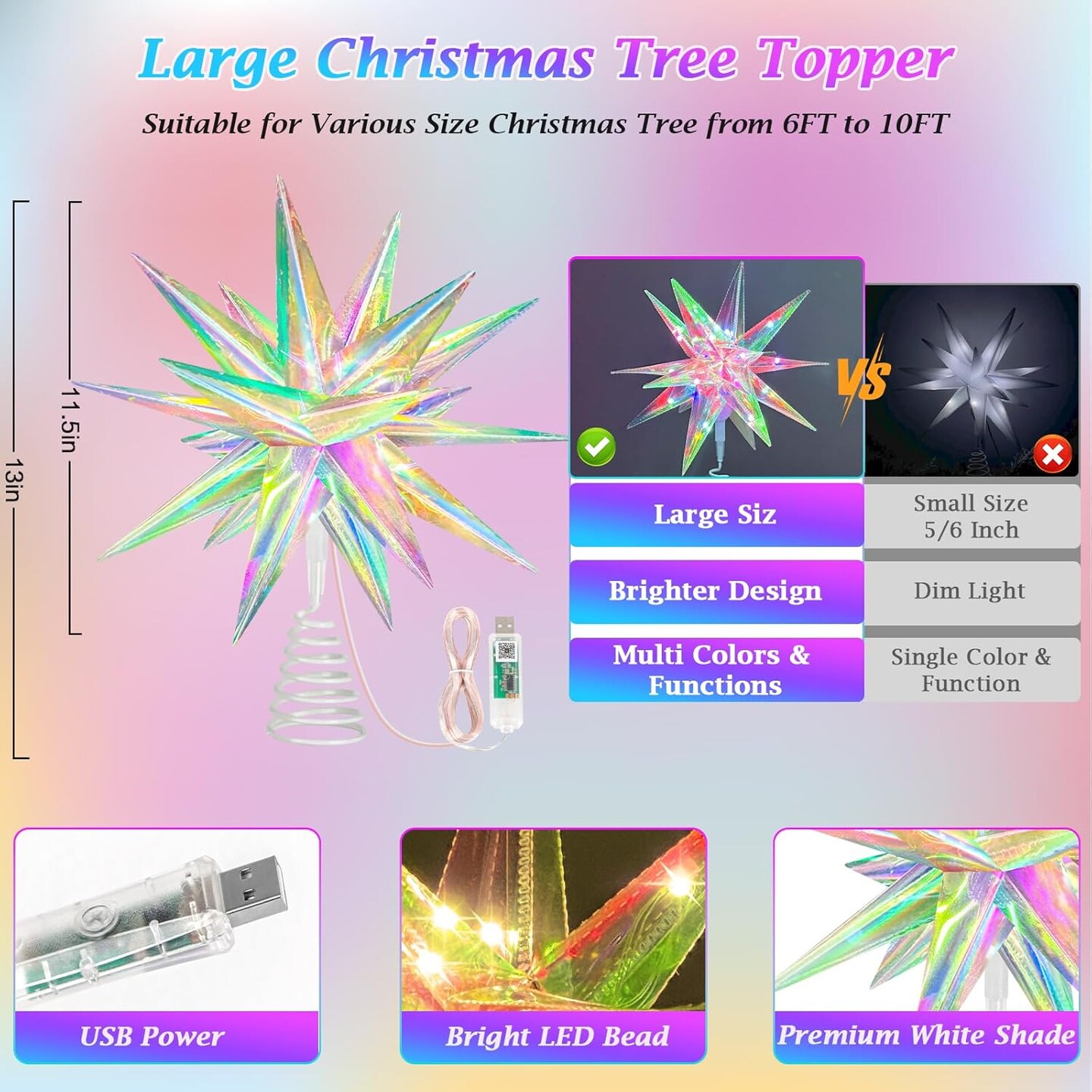 Christmas Star Tree Topper, 11&#x201D; Smart Lighted Treetop Decoration with RGB Color Changing &#x26; Music Sync, Xmas Star Decor, Remote &#x26; Bluetooth App Control, Hanging Star Decor for Christmas Tree Holiday