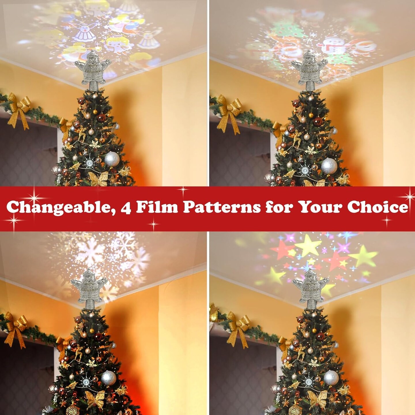 Tree Topper Projector, Snowflake Projector Tree Topper, Built-in 360&#xB0; LED Rotating Lights with 4 Patterns Dynamic Projection for Xmas Tree Decoration