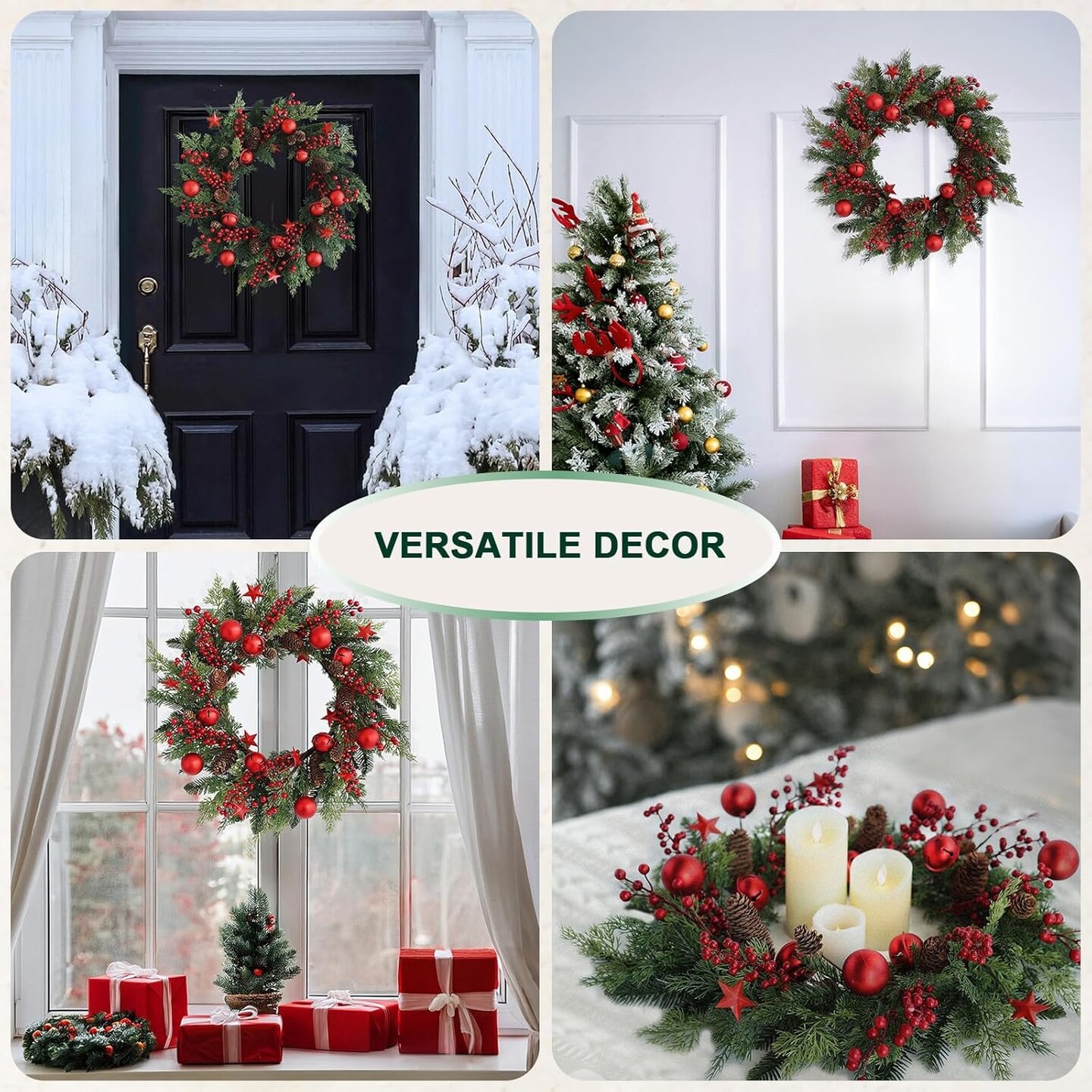 Christmas Red Wreaths for Front Door 20 Inches, Xmas Farmhouse Winter Wreath with Bells Balls Berry Stars for Window Outdoor Outside, Artificial Holiday Rustic Wreath for Indoor Porch Decor