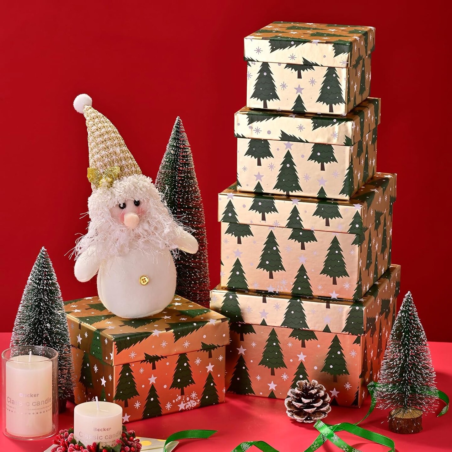 5PCS Christmas Nesting Gift Boxes Set, Gold Foil Green Xmas Tree Flat Square Cardboard Nested Box with Lid, for Gift Wrapping Holiday Present Birthday, Assorted Size