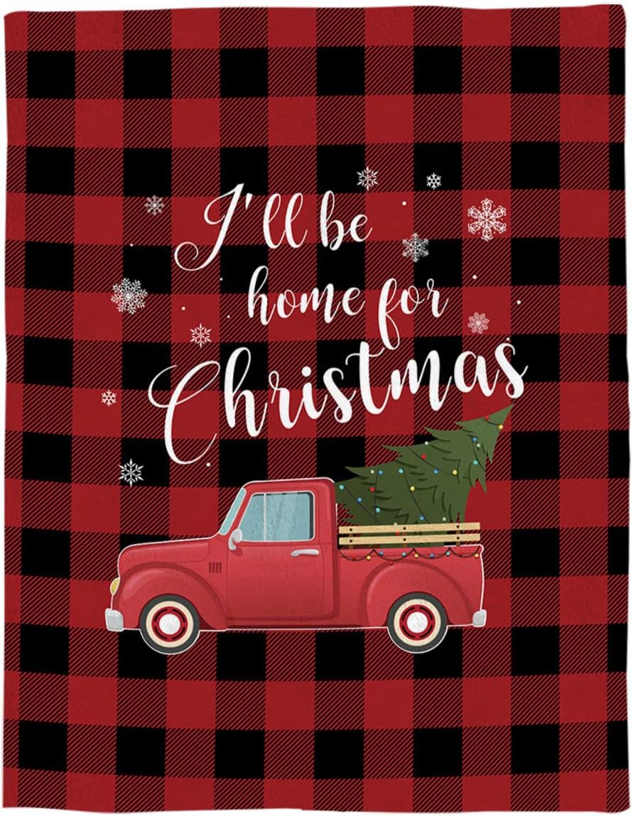 Christmas Truck Soft Fleece Throw Blankets for Couch, Xmas Tree Buffalo Plaid Microfiber Bed Blanket, Farmhouse Snowflake Check Christmas Throws, 40x50inch Flannel Blanket Cover for Sofa Travel