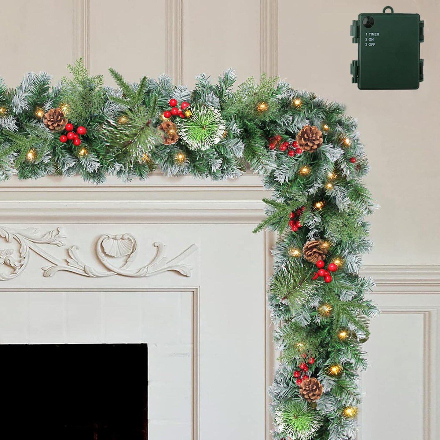 9 FT Christmas Garland with Lights, Pre-lit Xmas Garland Battery Operated Lighted with Timers Pine Cone Berrirs Lush Branches,Christmas Garlands Decoration for Mantle Stair Fireplace Indoor Outdoor