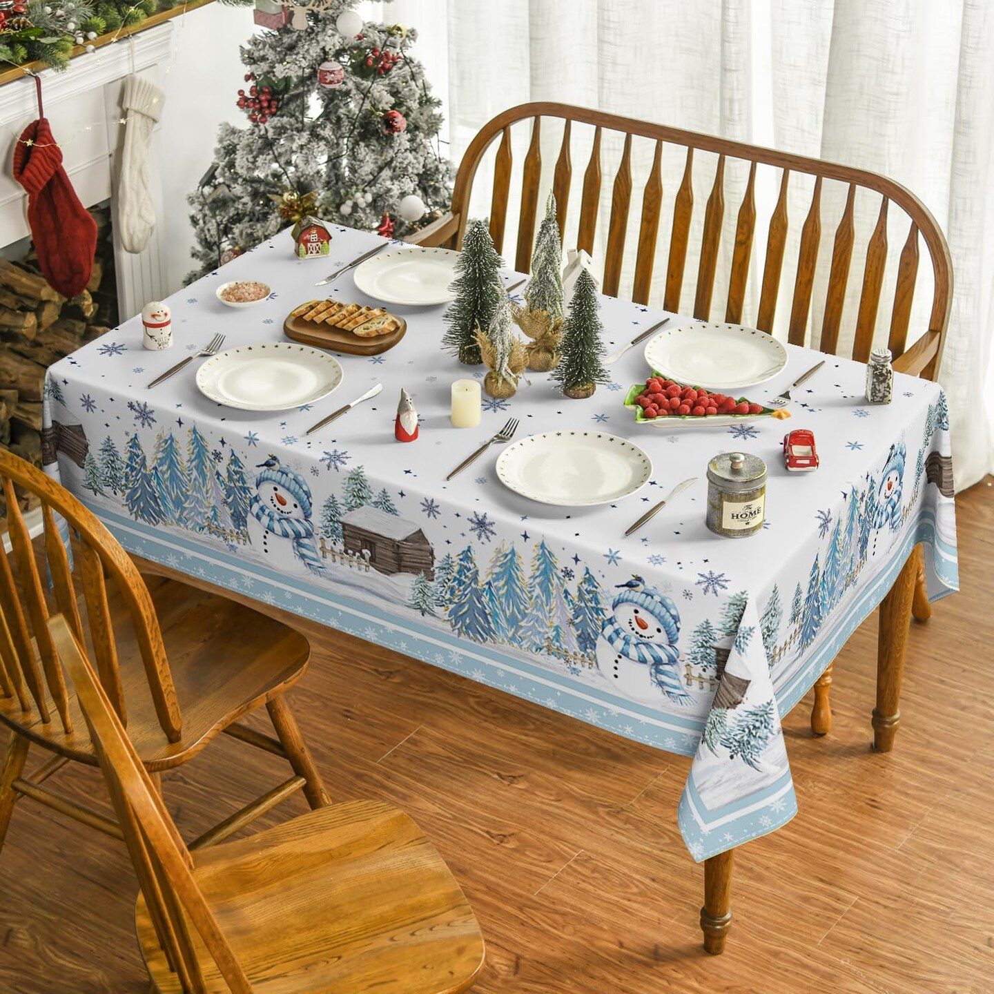 Christmas Tablecloth 60&#xD7;84 Inch Rectangular, Blue Snowman Pine Snow Washable Table Cover for Party Picnic Dinner Decor