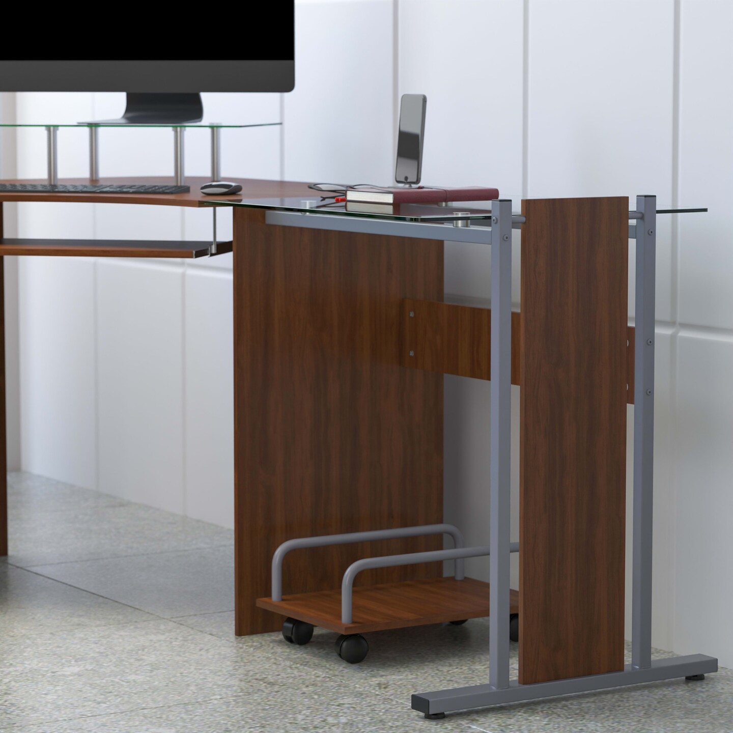 Emma and Oliver Laminate Corner Desk with Pull-Out Keyboard Tray and CPU Cart