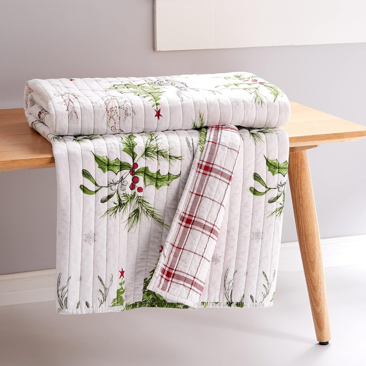 Sleigh Bells Quilted Throw Christmas Tree and Reindeer - Red Green Grey White - Holiday Quilted Throw Size 50x60in. - Reversible - Poly