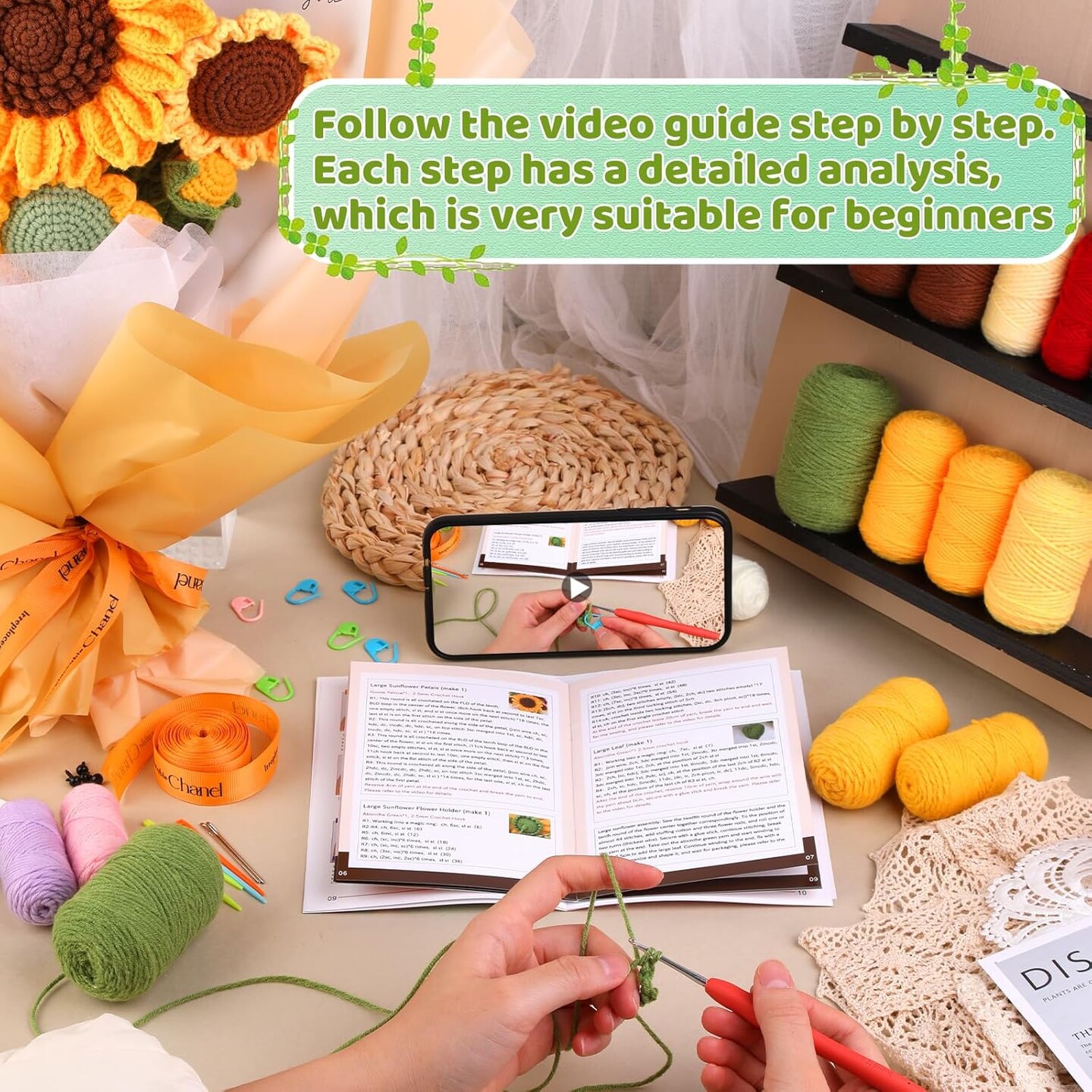 Crochet Kit for Beginners, Sunflower Beginners Crochet Kit, Crochet Flower Bouquet Kit, Knitting Starter Kit for Adults with Step-by-Step Video Tutorials Birthday Wedding Day Present