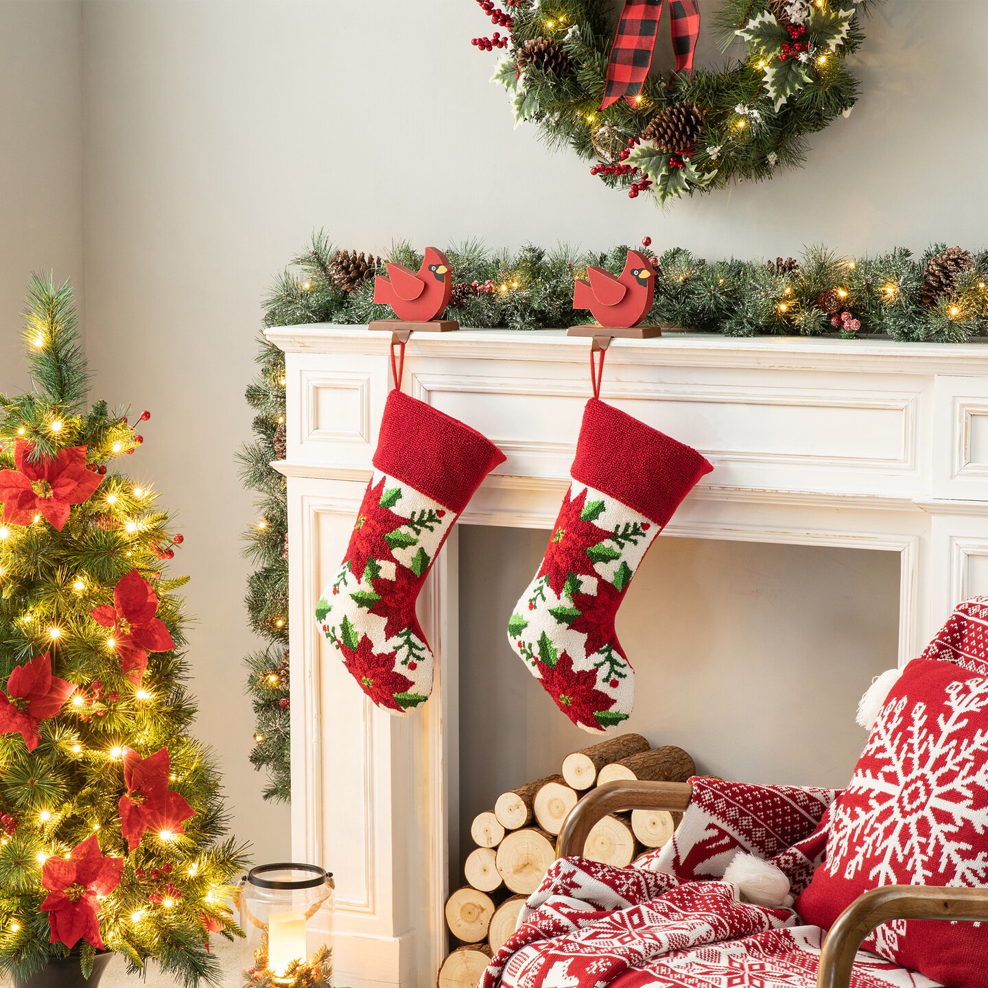 Set of 2 21.00&#x22;L Hooked Stocking (Poinsettia/Cardinal)