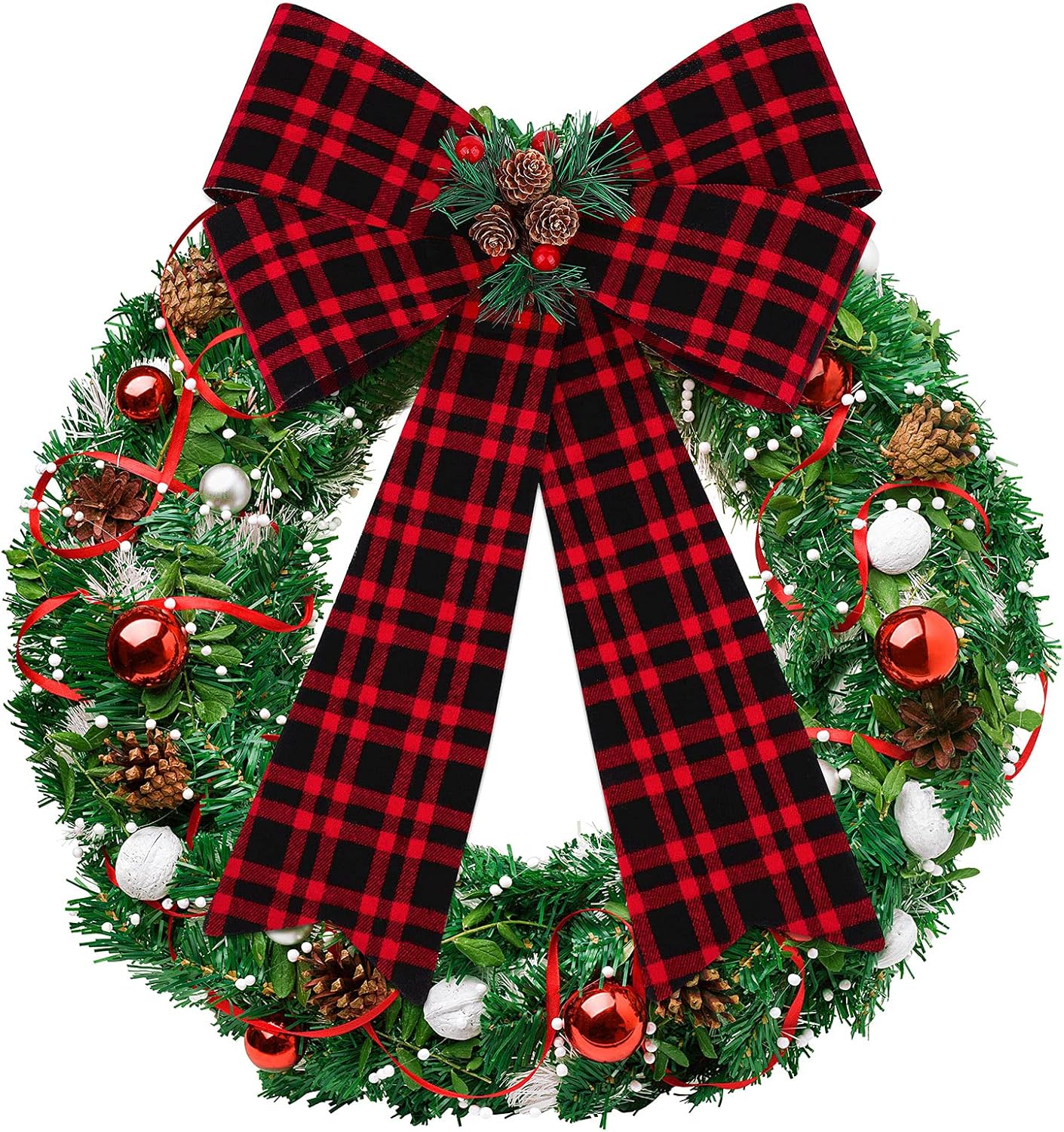 2 Pieces Christmas Red Bows Christmas Wreath Bows Xmas Buffalo Plaid Bows with Pine Cones Ornaments for Christmas Tree Indoor Outdoor Decorations (Black, Red, Green)