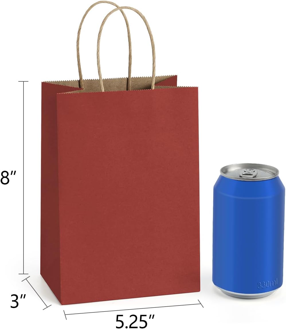 Kraft Paper Bags 25Pcs 5.25x3x8 Inches Small Paper Gift Bags with Handles Red Gift Bags with Stripes for Christmas Valentine&#x2018;s Day Party Favor