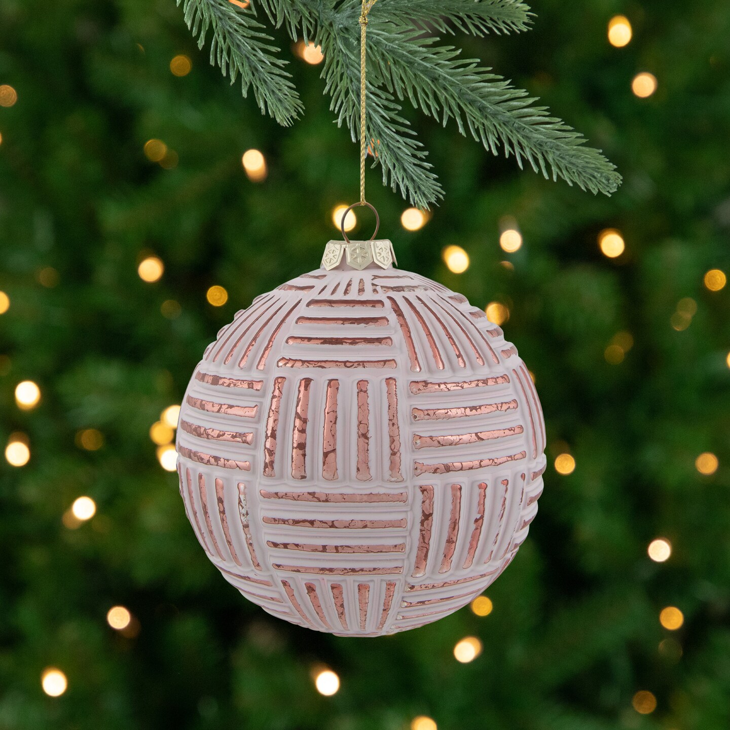 Northlight Textured Stripes Glass Christmas Ball Ornament - 4" (100mm) - White and Rose Gold