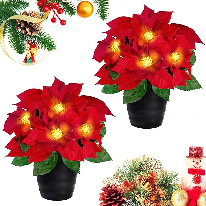 Red Velvet 12inch Poinsettias Plant in Pot LED Lighted Faux Silk Potted ...