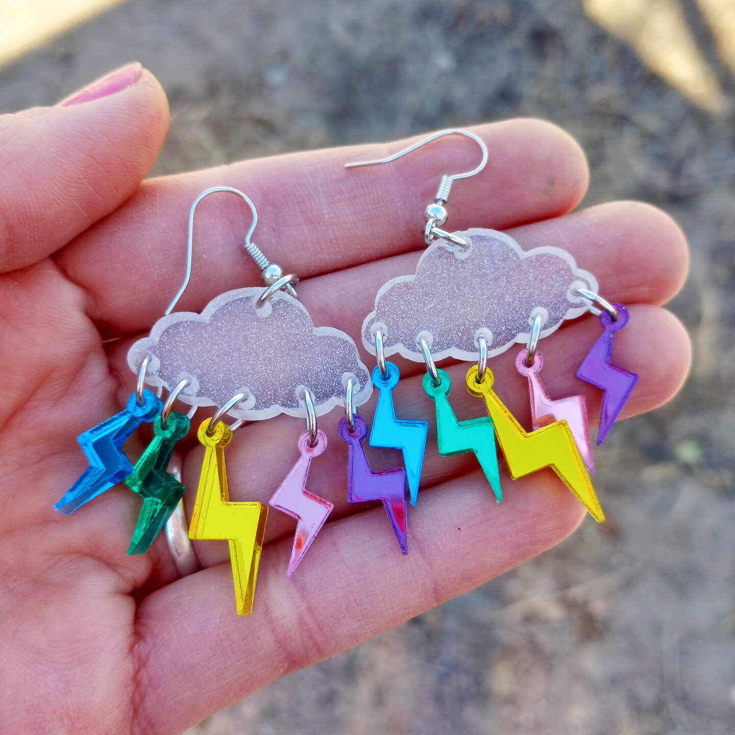 Lightning Bolt Rain Cloud Dangle Earrings, Glows in Black Light, Raindrops Weather Rave Jewelry, White Cloud Statement Earrings product 3