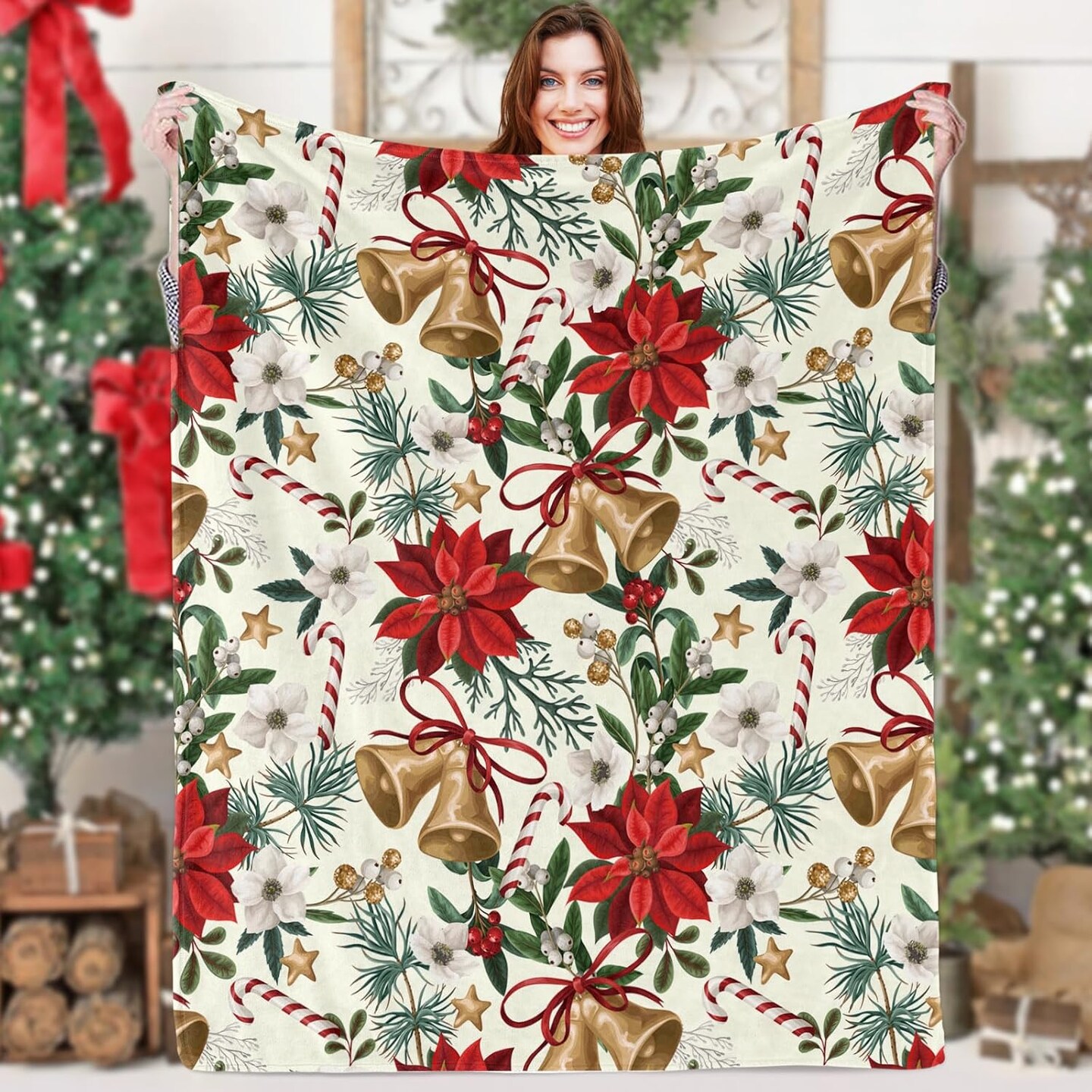 Christmas Throw Blanket, Luxury Soft Xmas Bell Flannel Blanket with Poinsettia Flower Candy Cane Star Pattern, Cozy Fluffy Red Green Gold Christmas Plush Fleece Blanket for Couch Winter