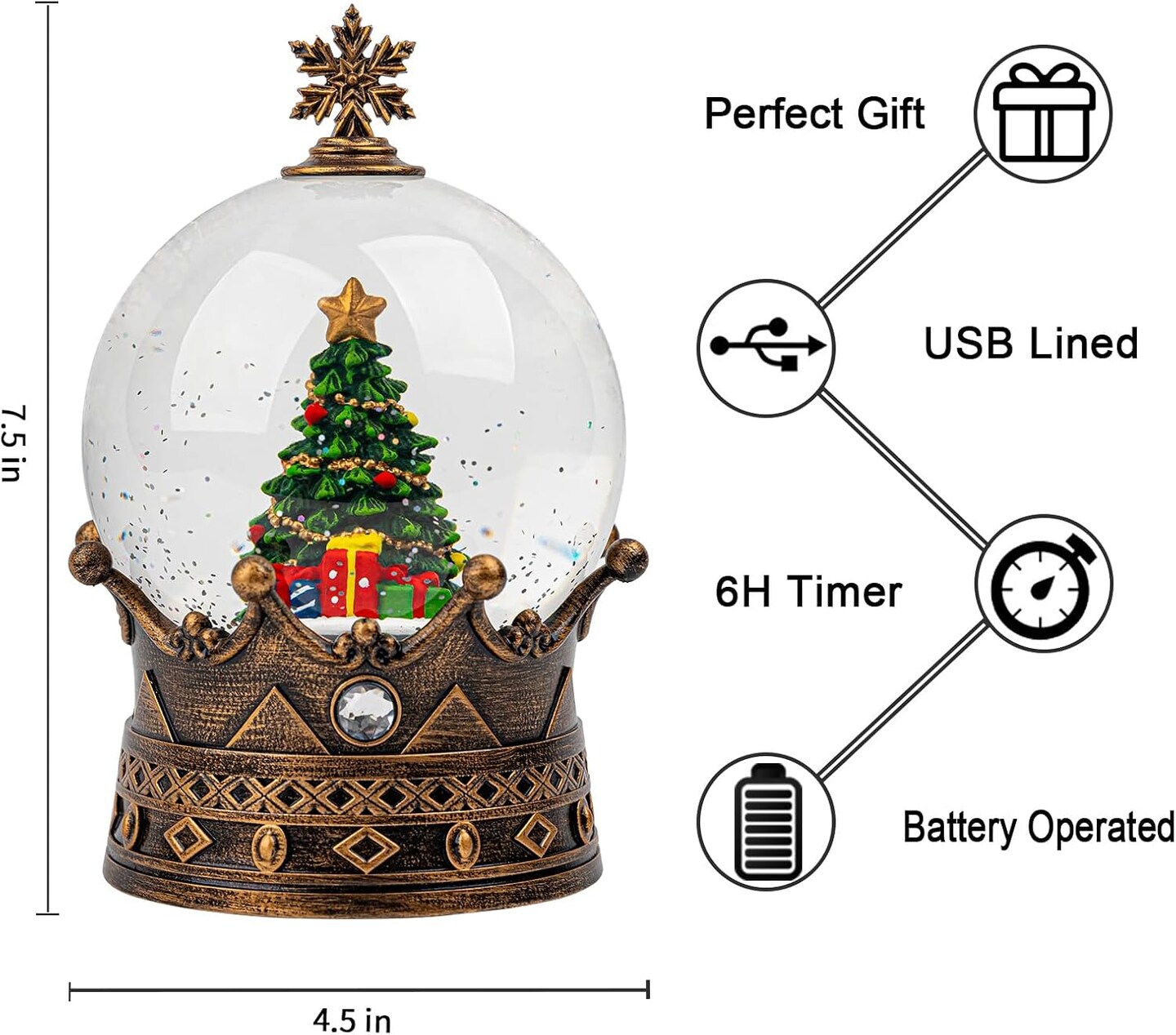Christmas Snow Globes, Christmas Tree Gift Water Lantern, 8 Christmas Music, USB Powered &#x26; Battery, Holiday Decorations Gifts for Family Children or Friends
