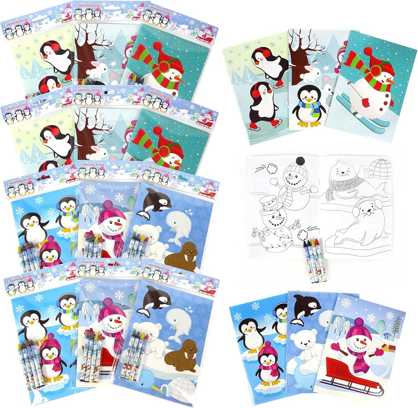 TINYMILLS Winter Snowman Penguins Coloring Book Crayon Set for Kids Party Favors with 12 Coloring Books and 48 Crayons for Holiday Goody Bag Stuffers for Kids Gifts Carnival Prizes Classroom Gift
