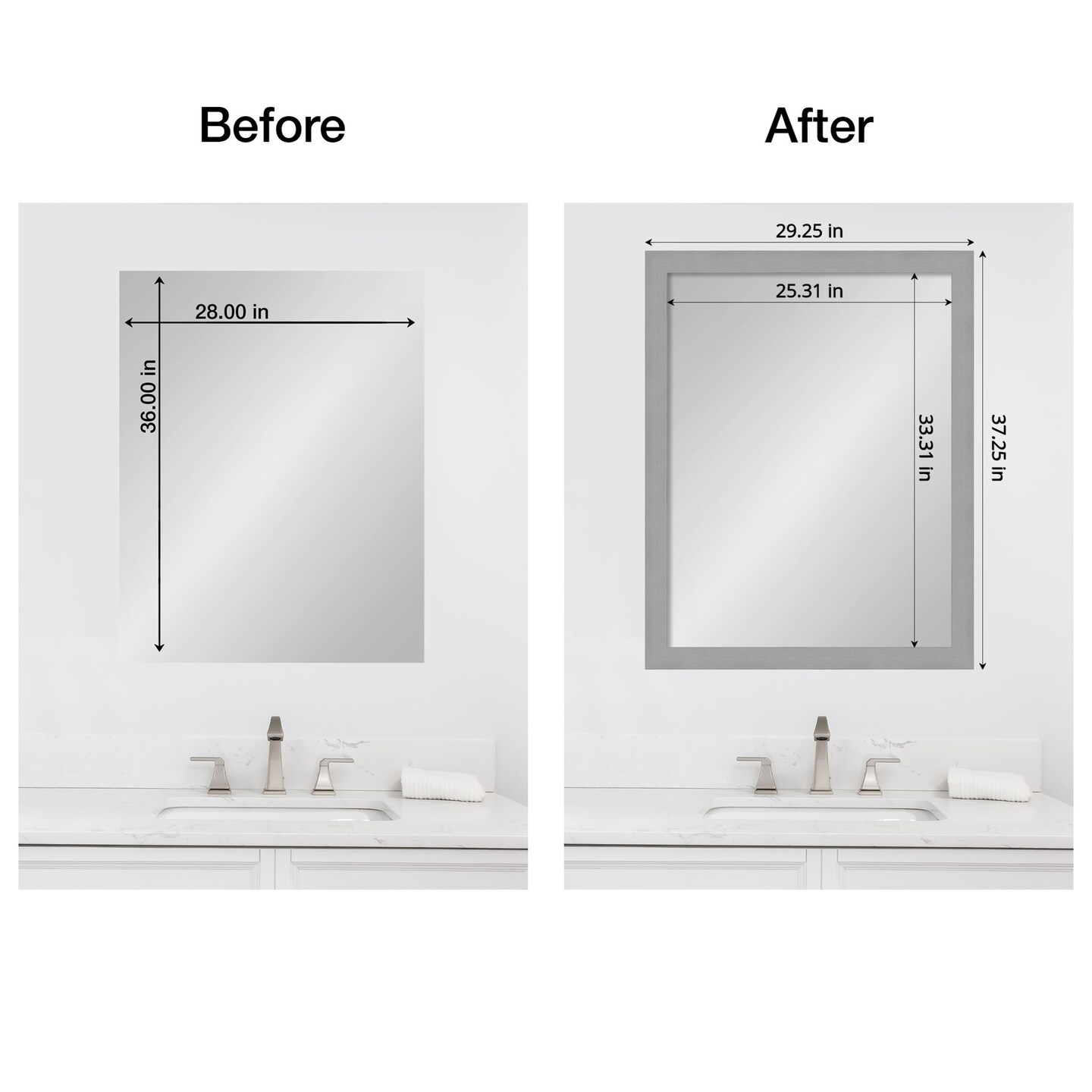 Amanti Art Mirror Makeover Bathroom Mirror Frame Border Kit - Fully Assembled Peel and Stick Frame - Mirror NOT Included - Brushed Black or Nickel Trim