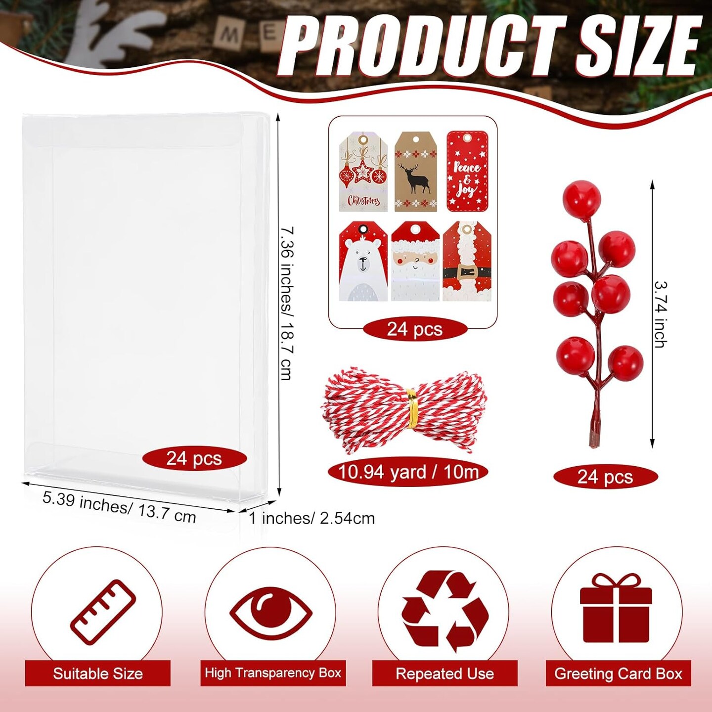 Boxes PET Plastic Crystal Storage Box with Christmas Tags, Red and White Twine, Decorative Berries, 5.39 x 7.36 x 1 Inch Photo Transparent Box Greeting Card