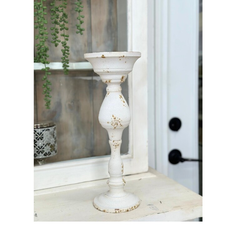 Antique White Distressed Tin Candle Holder – 14.75" Rustic Farmhouse Décor for Pillar or Taper Candles