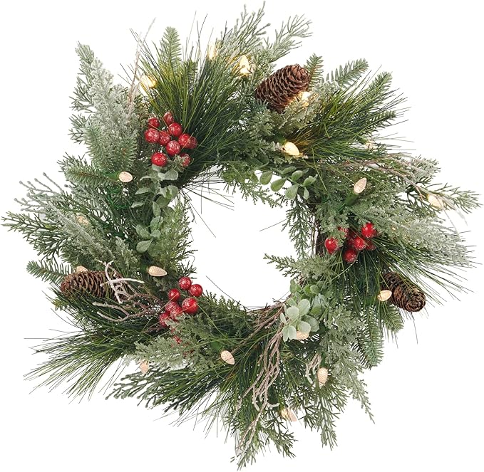 Pre-lit Christmas Wreath for Front Door, Flocked Branches, 30 Inch Battery Operated 50 LED Lights, Decorations for Indoor & Outdoor Green