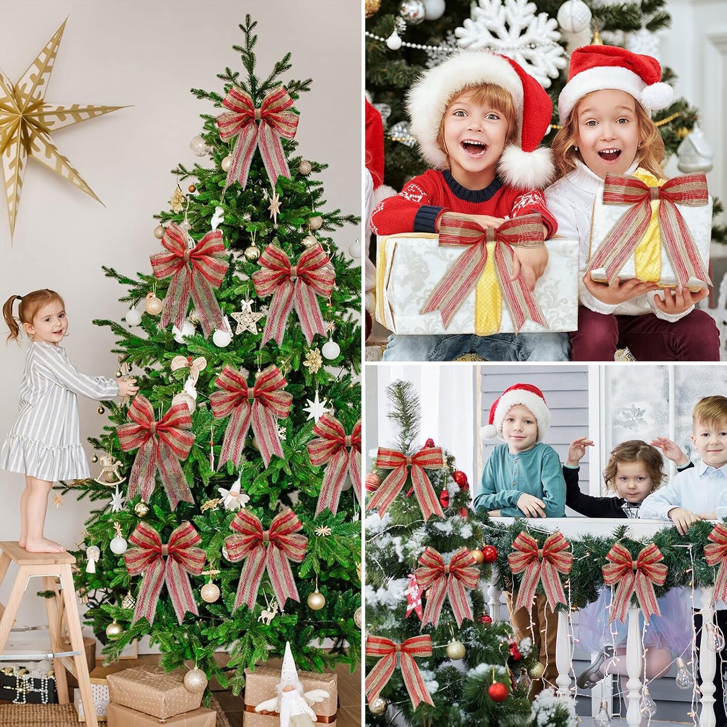 98.4 Ft Christmas Burlap Ribbon Roll Red Burlap Ribbon Gunny Sack Natural Burlap Stripe Ribbon Linen Rope Ribbon for DIY Craft Wreath Christmas Tree Decoration Wedding Party Supplies (2 Inch Wide)