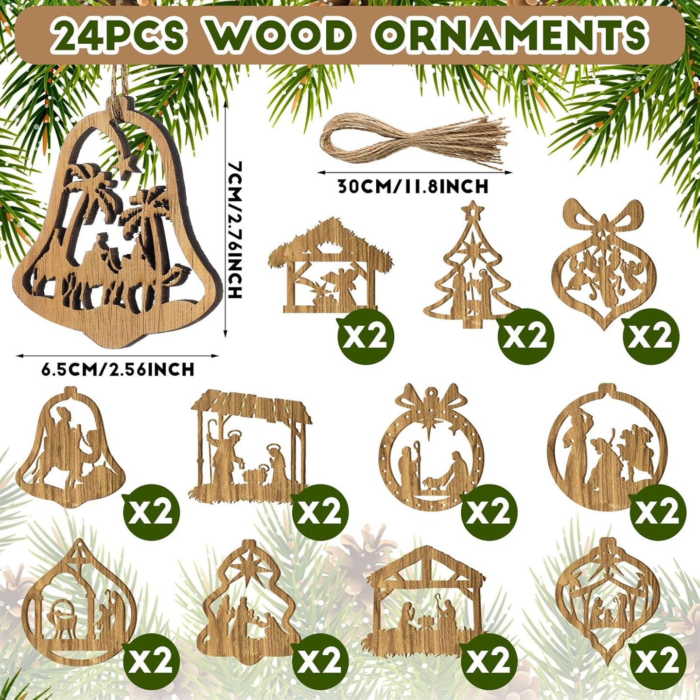 24 Pieces Christmas Nativity Scene Christian Ornaments Wooden Hanging Ornament Gifts The Birth of Jesus Decoration Religious Gifts for Xmas Tree Indoor Outdoor Family and Christian