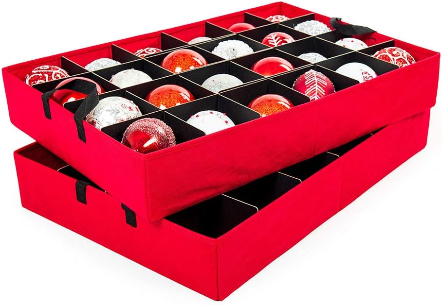[Christmas Ornament Storage Box with Dividers] - (Holds 48 Ornaments up to 4 Inches in Diameter) | Acid-Free Removable Trays with Separators | 2 Removable Trays