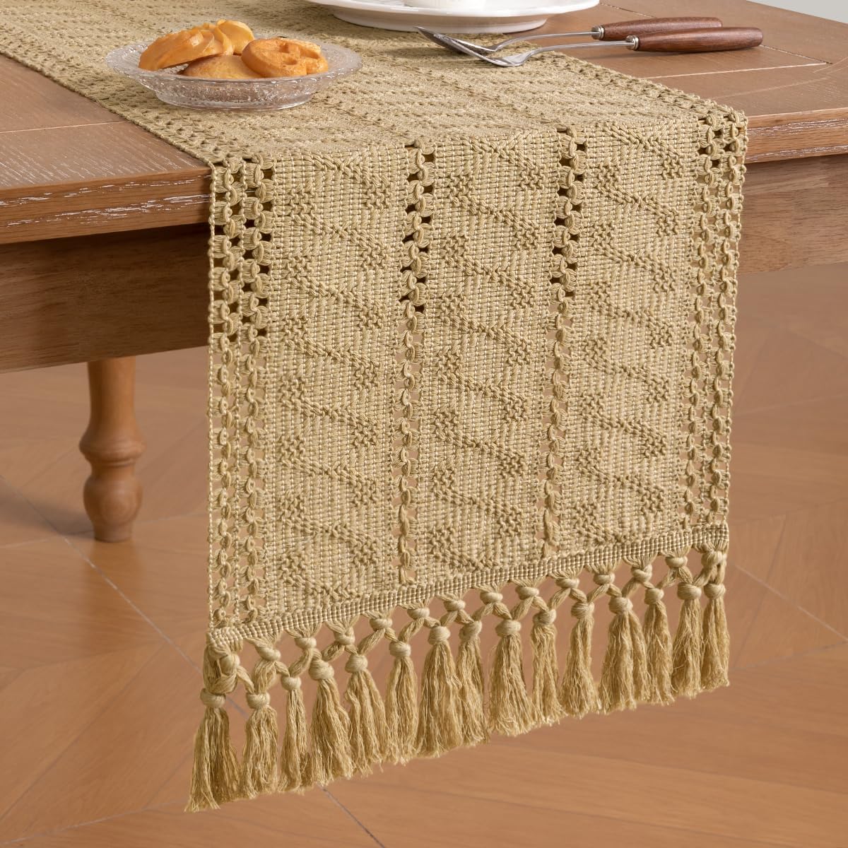 Fall Boho Table Runner Macrame 60 Inches Woven Cotton Linen Rustic Table Runner with Handmade Tassels for Home Decor Dining Fall Thanksgiving Christmas 12x60 inches Champagne