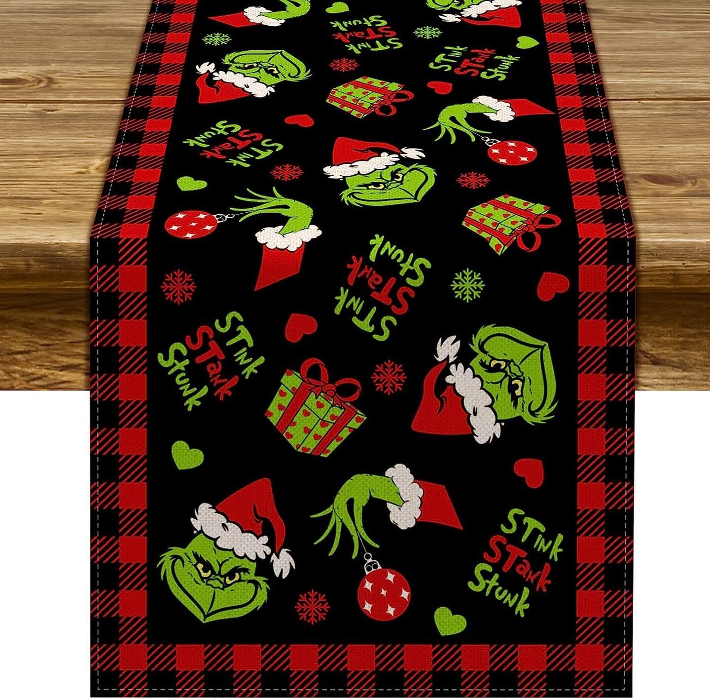 Christmas Table Runner Merry Christmas Buffalo Plaid Check Winter Holiday Party Decoration Fireplace Kitchen Dining Home Decor (Black and Red, 13" x 108")
